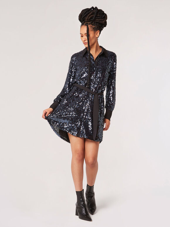 Sequin Shirt Mini Dress, Dark Grey - Charcoal, large