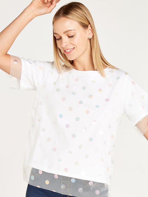 Metallic Mesh Layer Tee, White, large