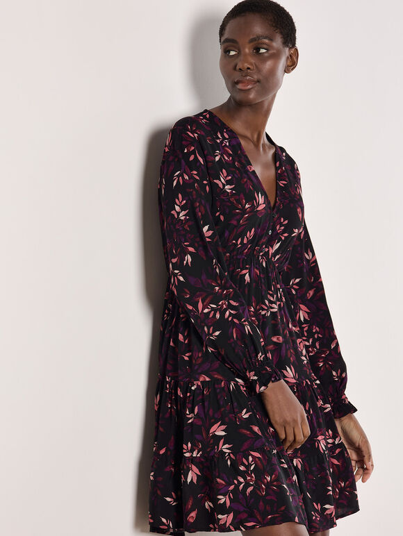 Leaf Print Mini Dress, Burgundy, large