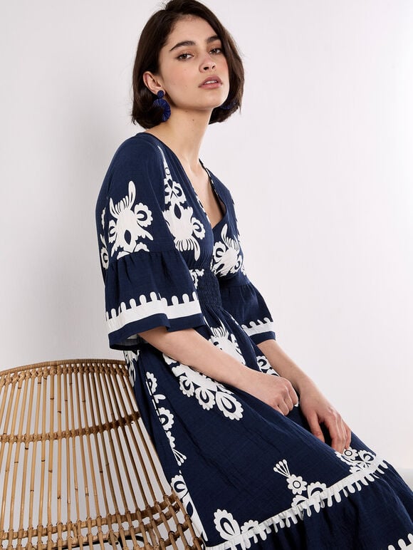 Floral Baroque Smocked Mini Dress, Navy, large
