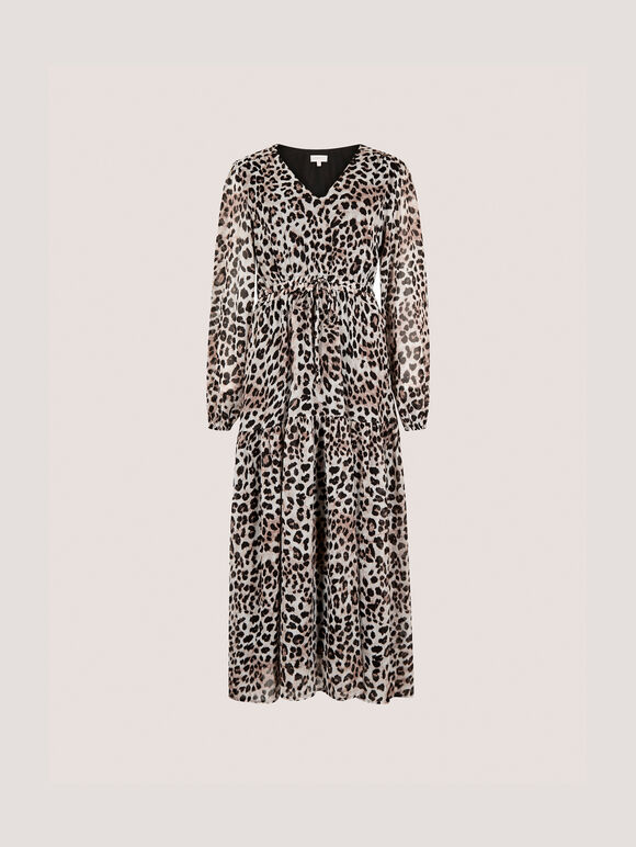 Shimmer Leopard Chiffon Midi Dress, Stone, large