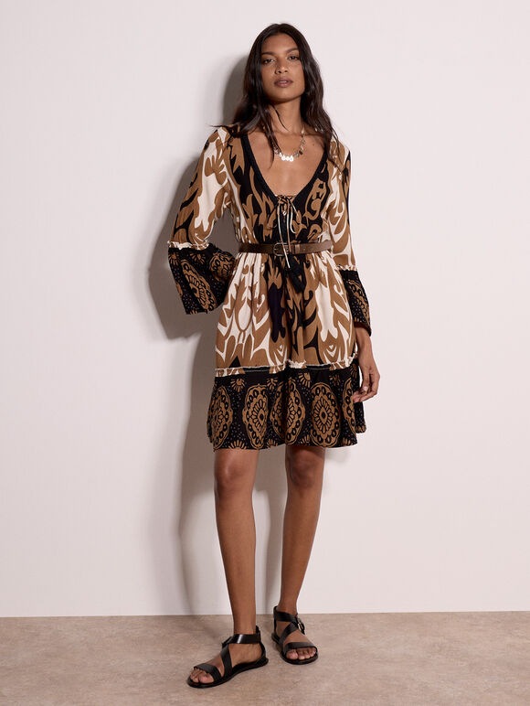 Paisley Bell Sleeve Mini Dress, Camel, large
