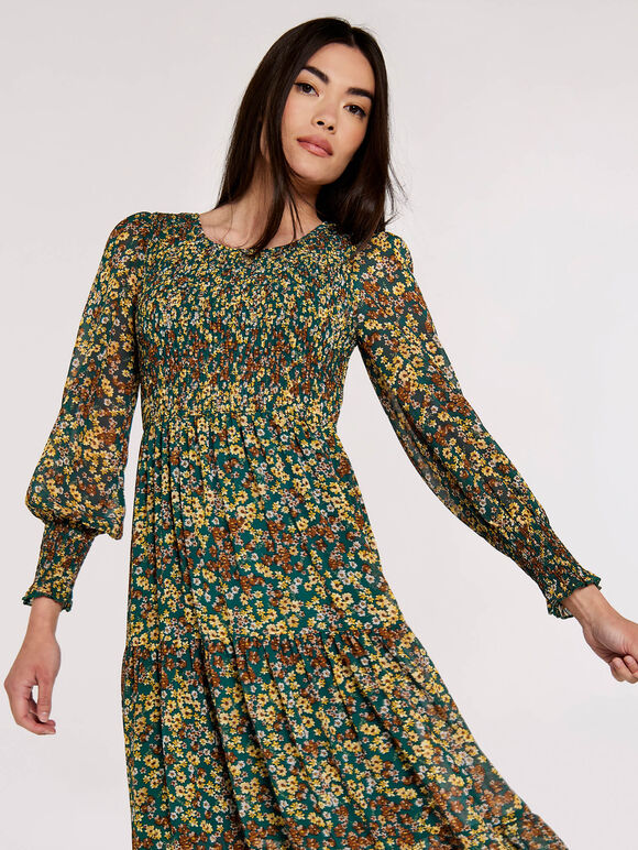 Daisy Spritz Smock Dress, Green, large
