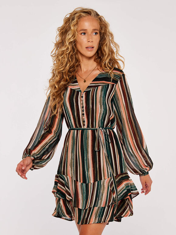 Striped Ruffle Mini Dress, Khaki, large