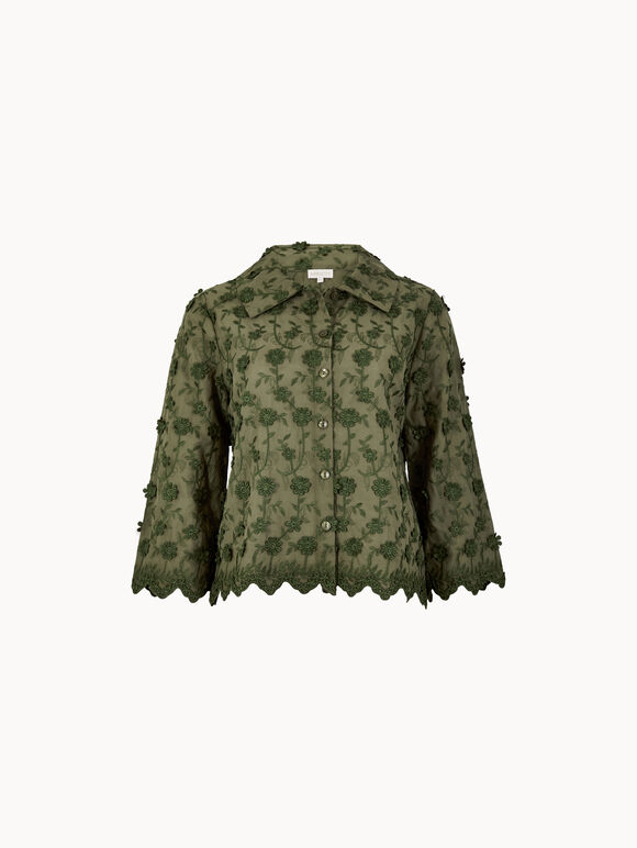 Applique Flowers Cropped Shirt, Khaki, large