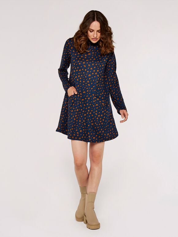 Dot High Neck Dress, Navy, large