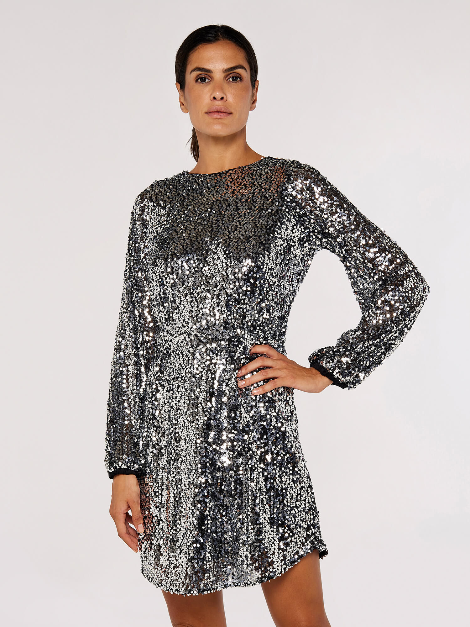 Sequin Shift Mini Dress Apricot Clothing