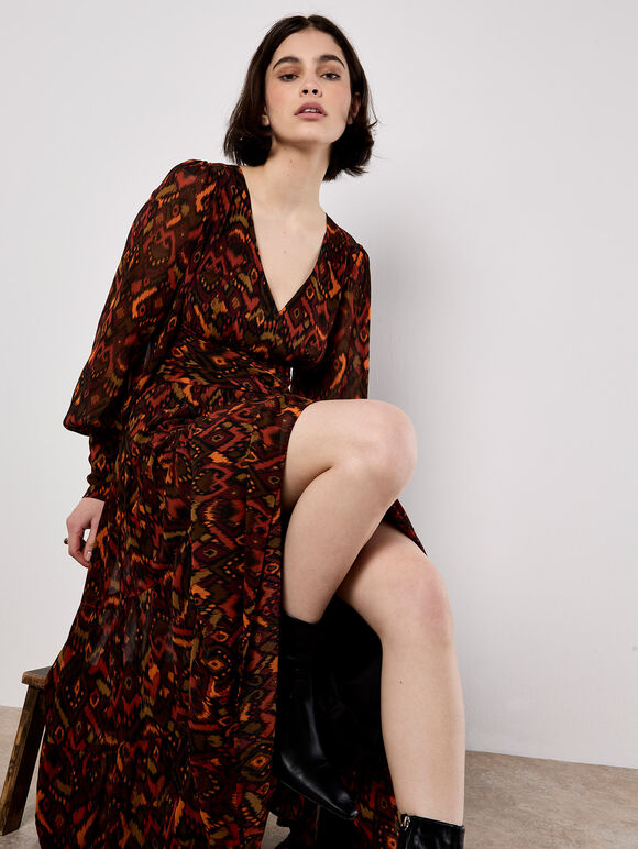Ikat Chiffon Tiered Maxi Dress, Burgundy, large
