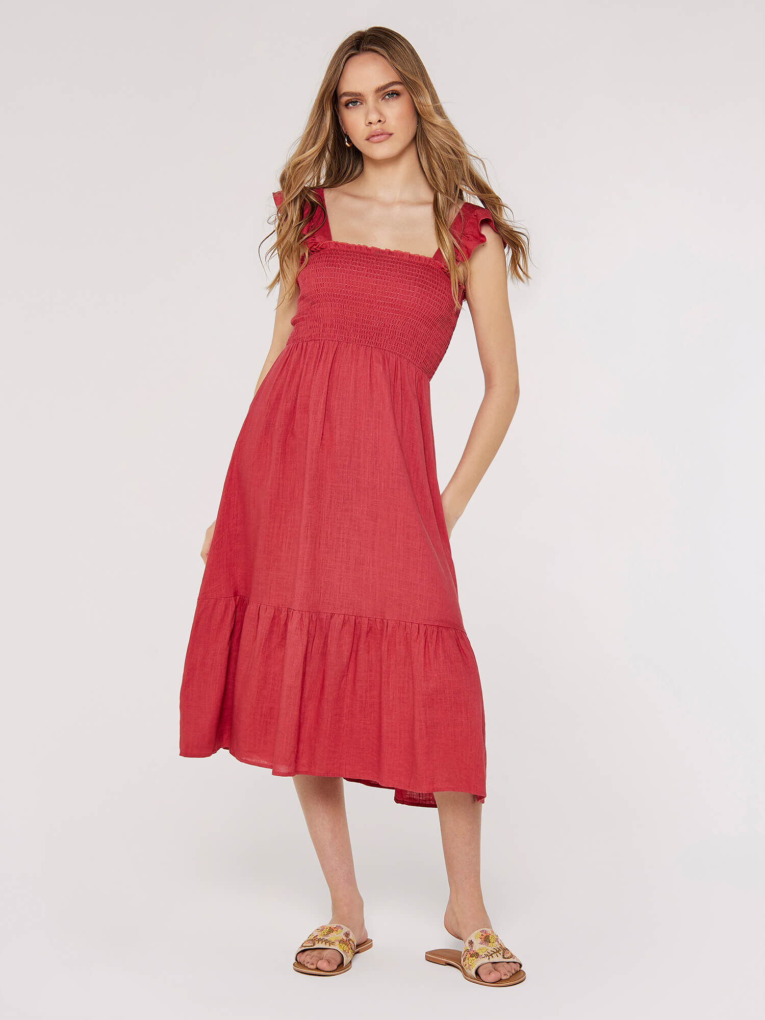 Linen Midi Dress Apricot Clothing