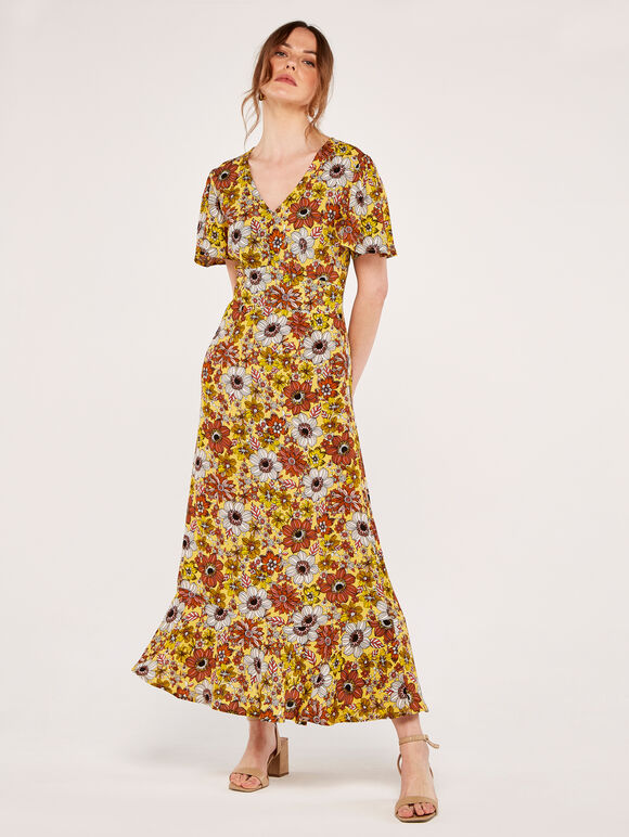 Floral Angel Sleeve Dress, Yellow, large