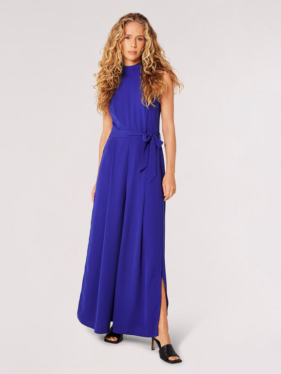 Halter Neck Split Leg Jumpsuit, Blue, large