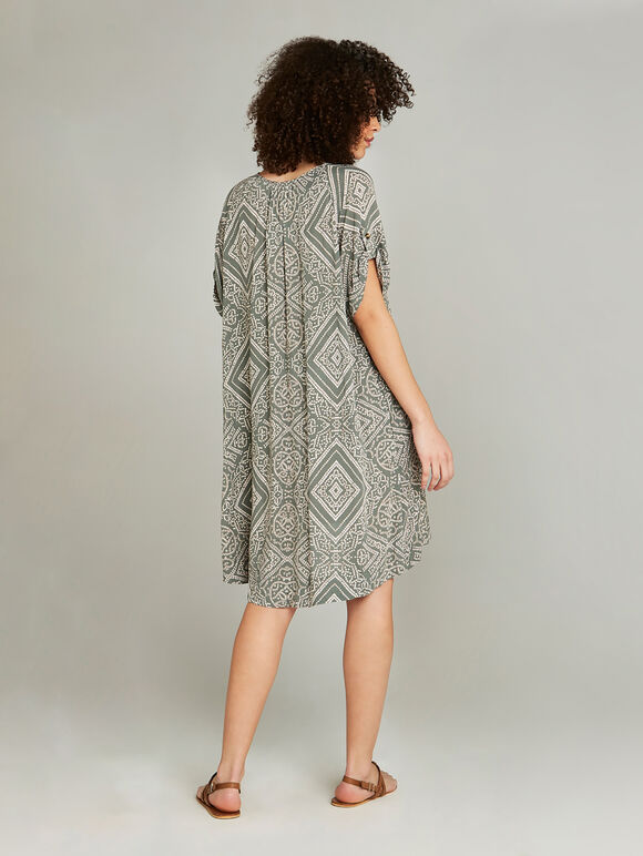 Khaki Dotted Tribal Print High Low Dress, Khaki, large