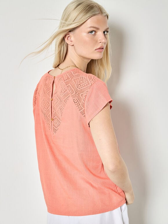 Crochet Insert T-Shirt, Coral, large