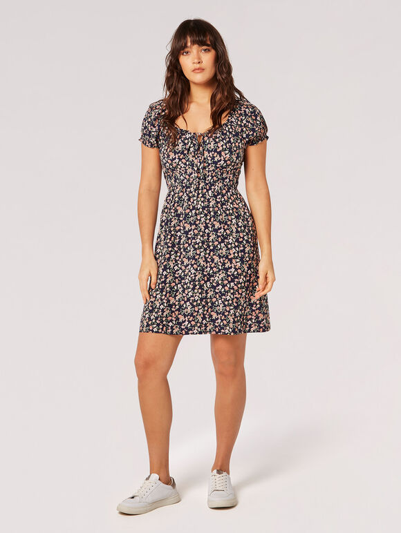 Ditsy Floral Milkmaid Mini Dress, Navy, large
