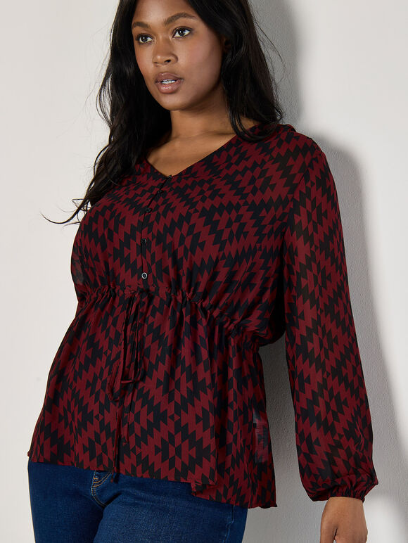 Curve Geo Print Chiffon Blouse, Burgundy, large