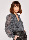 Folk Leaf Tie Neck Cuff Sleeve Top, Navy, large