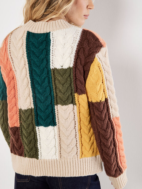 Colour Block Chunky Knit Cable Jumper, Stone, large