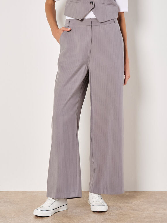 Pinstripe Wide Leg Trousers, Grey, large
