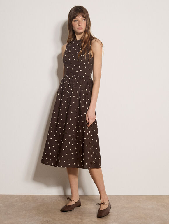Polka Dot A-Line Cotton Midi Dress, Brown, large