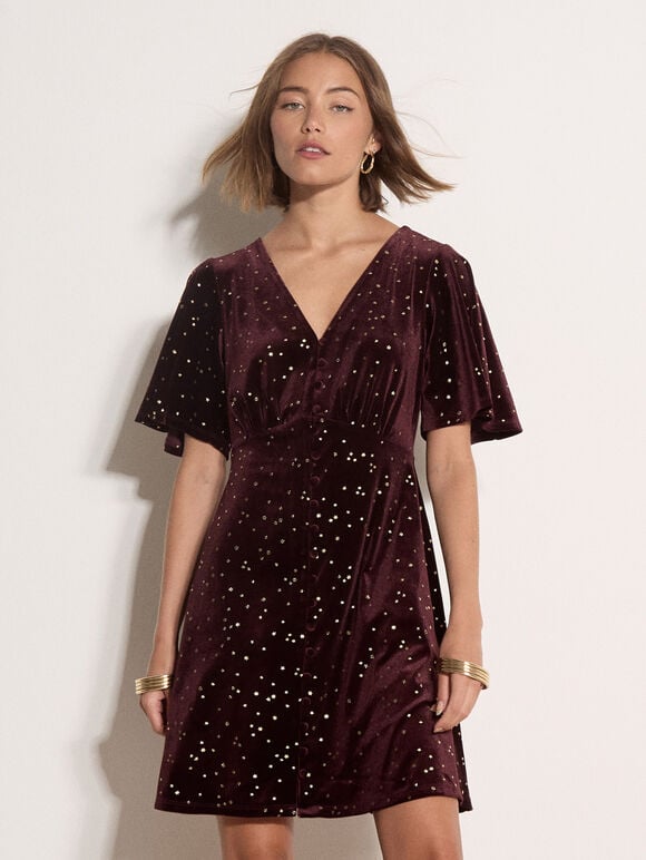 Silver Foil Star Velvet Mini Dress, Burgundy, large