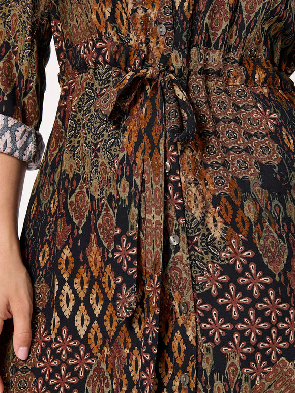 Patchwork Ikat Shirt Mini Dress, Black, large