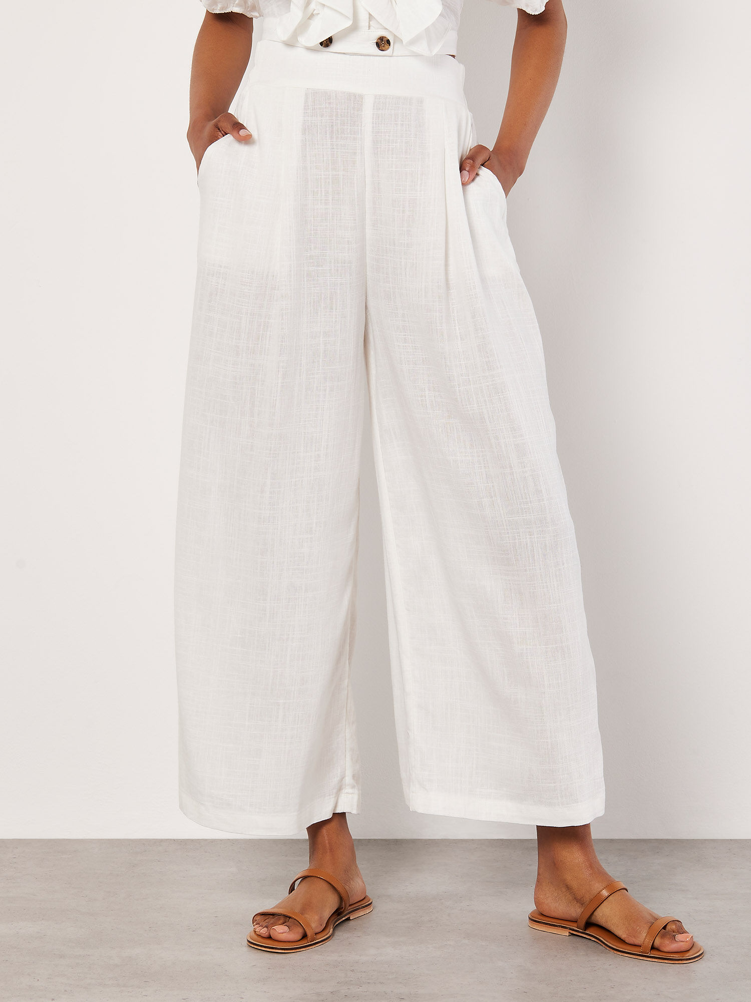 Linen Blend Cropped Palazzo Trousers Apricot Clothing