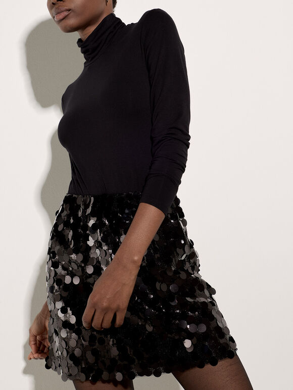 Multi Sequin A-Line Mini Skirt, Black, large