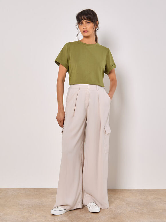 Wide Leg Fluid Cargo Trousers, Stone, large