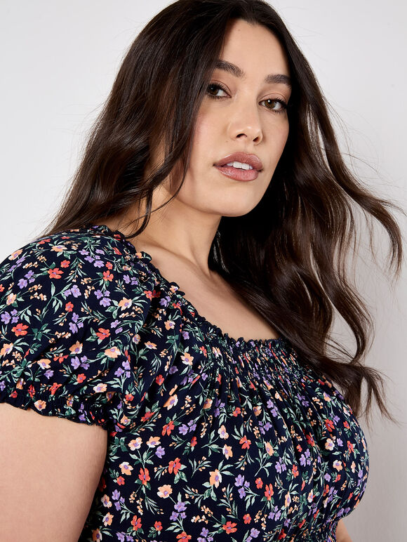 Garden Floral Milkmaid Midi Dress, Navy, large