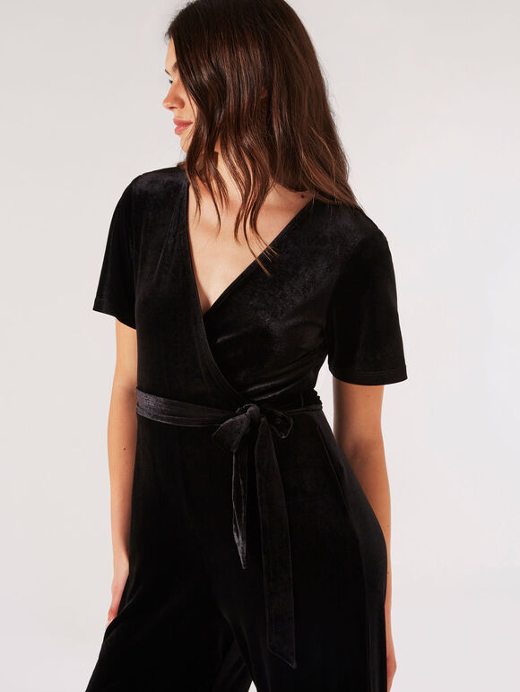 Velvet Wrap Culotte Jumpsuit, Black, large