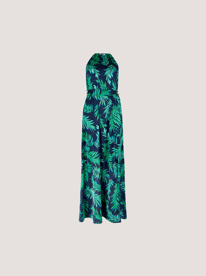 Tropical Leaf Satin Halter Neck Maxi Dress