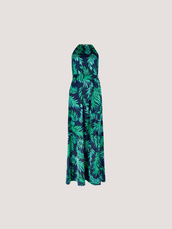 Tropical Leaf Satin Halter Neck Maxi Dress, Navy, large
