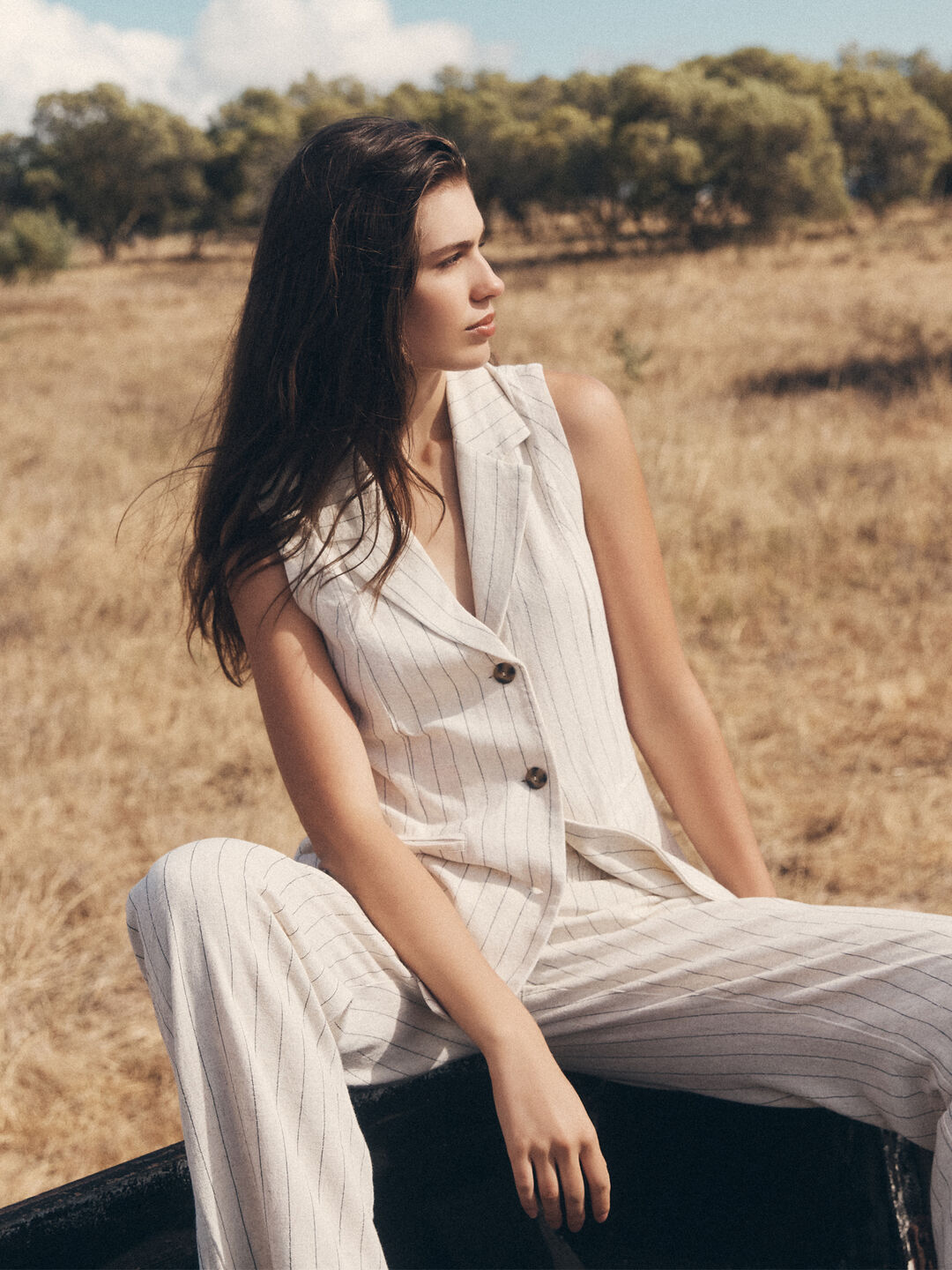 Image of Longline Woven Pinstripe Waistcoat