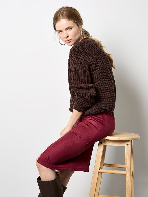 Split Front Suede Pencil Skirt, Burgundy, large