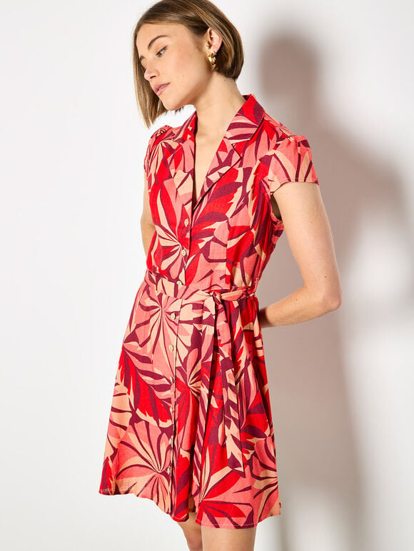 Tropical Leaf Shirt Mini Dress, Red, large