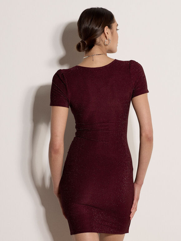 Metallic Bodycon Wrap Mini Dress, Plum, large