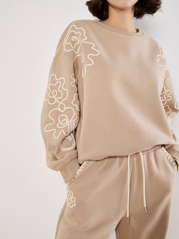 Floral Embroidered Sweatshirt, Cream, large
