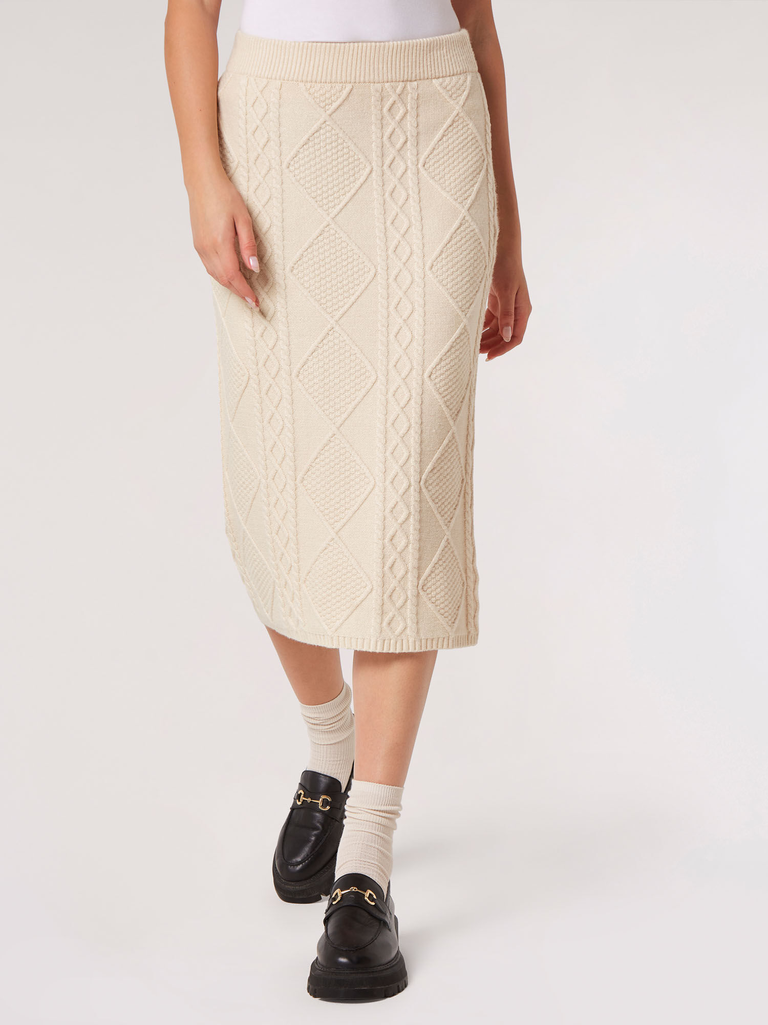 Aran Cable Knitted Midi Skirt Apricot Clothing