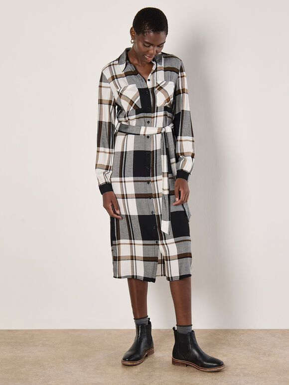 Large Check Shirt Midi Dress, White, large