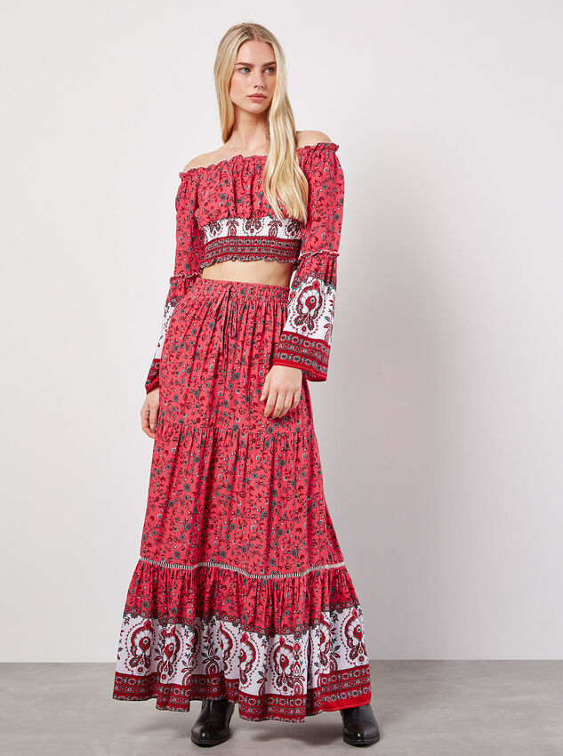 Sarasa Floral Tiered Maxi Skirt, Red, large