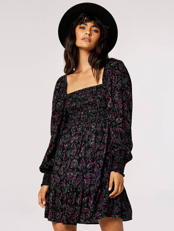 Paisley Milkmaid Mini Dress, Black, large