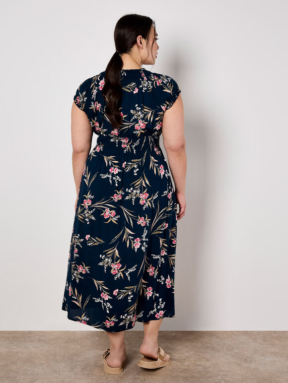 Watercolour Floral Smocked Maxi Dress, Navy, large