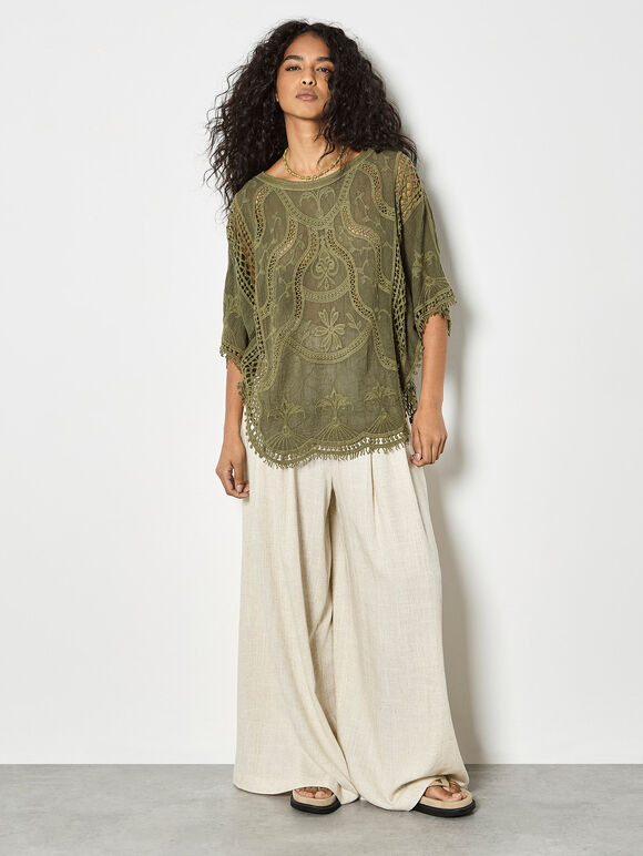 Cotton Blend Crochet Embroidered Top, Khaki, large