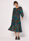 Ikat Chiffon Smocked Midi Dress, Teal, large