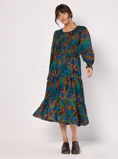 Ikat Chiffon Smocked Midi Dress