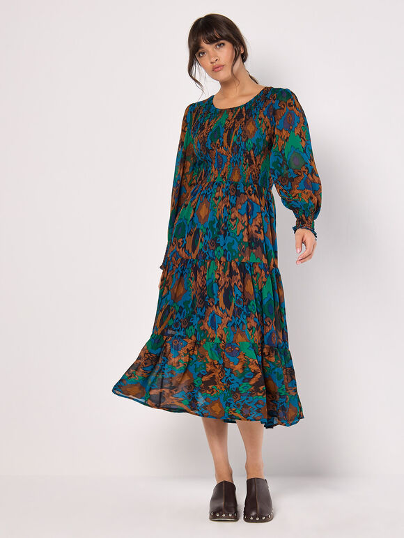 Ikat Chiffon Smocked Midi Dress, Teal, large