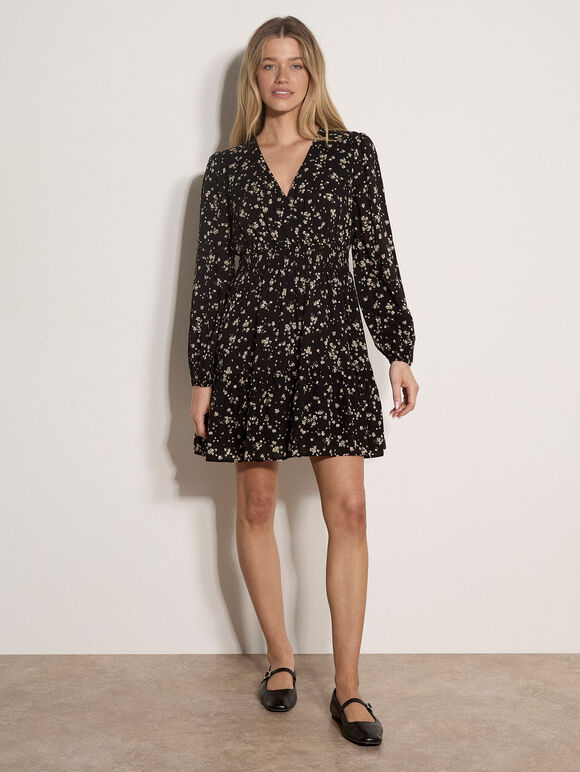 Floral Wrap Mini Dress, Black, large