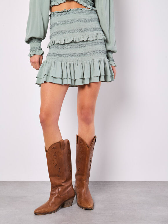 Smocked Ruffle Mini Skirt, Mint, large