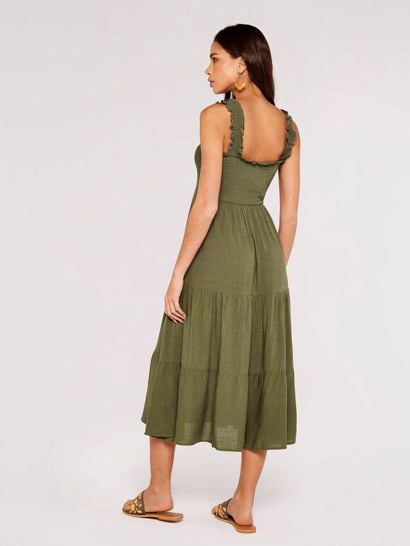 Smock Tiered Midi Dress, Khaki, large