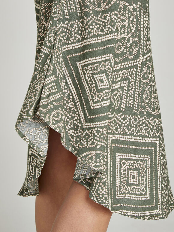 Khaki Dotted Tribal Print Midi Dress, Khaki, large